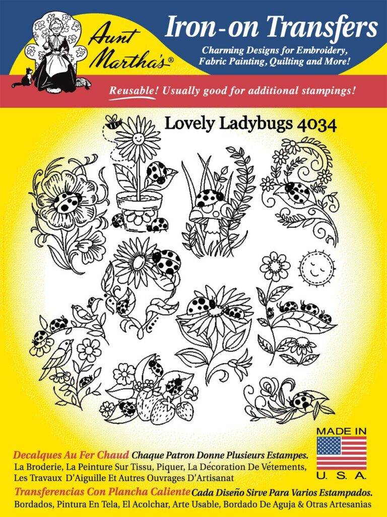 Aunt Martha's Lovely Ladybugs 4034 embroidery iron on pattern
