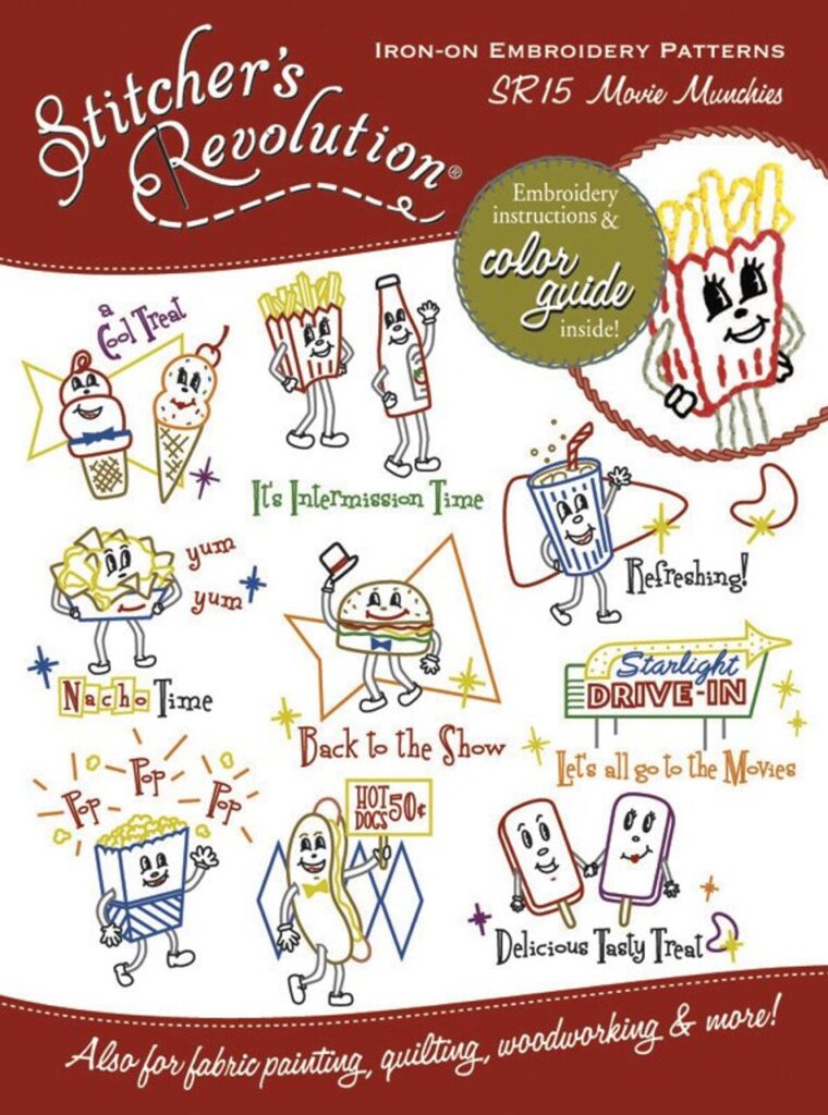 Stitcher's Revolution Movie Munchies SR15 embroidery iron on pattern