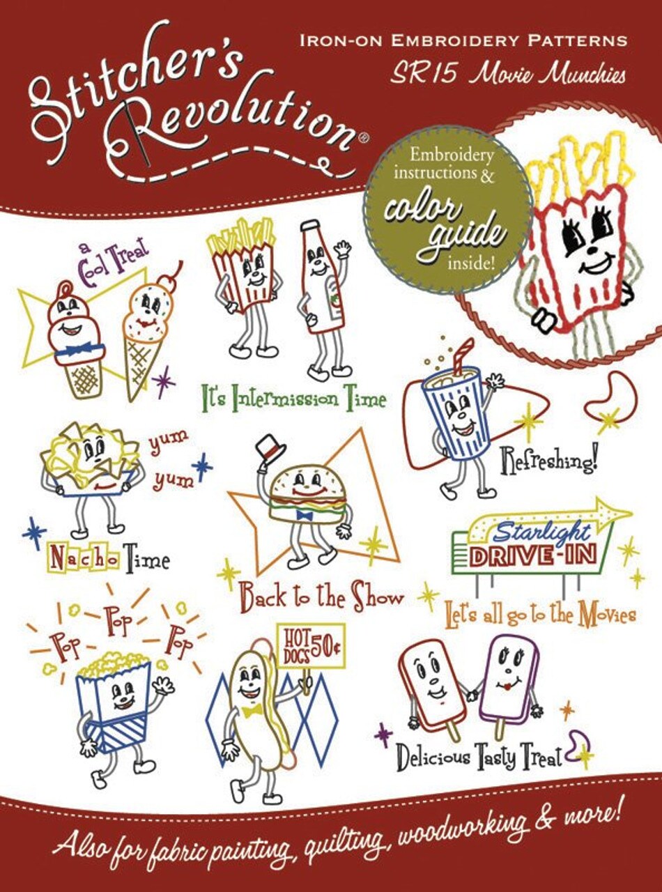 Stitcher's Revolution Movie Munchies SR15 embroidery iron on pattern