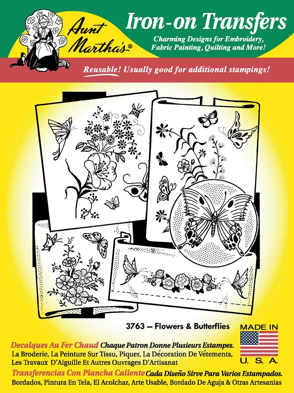Aunt Martha's Flowers & Butterflies 3763 embroidery iron on pattern