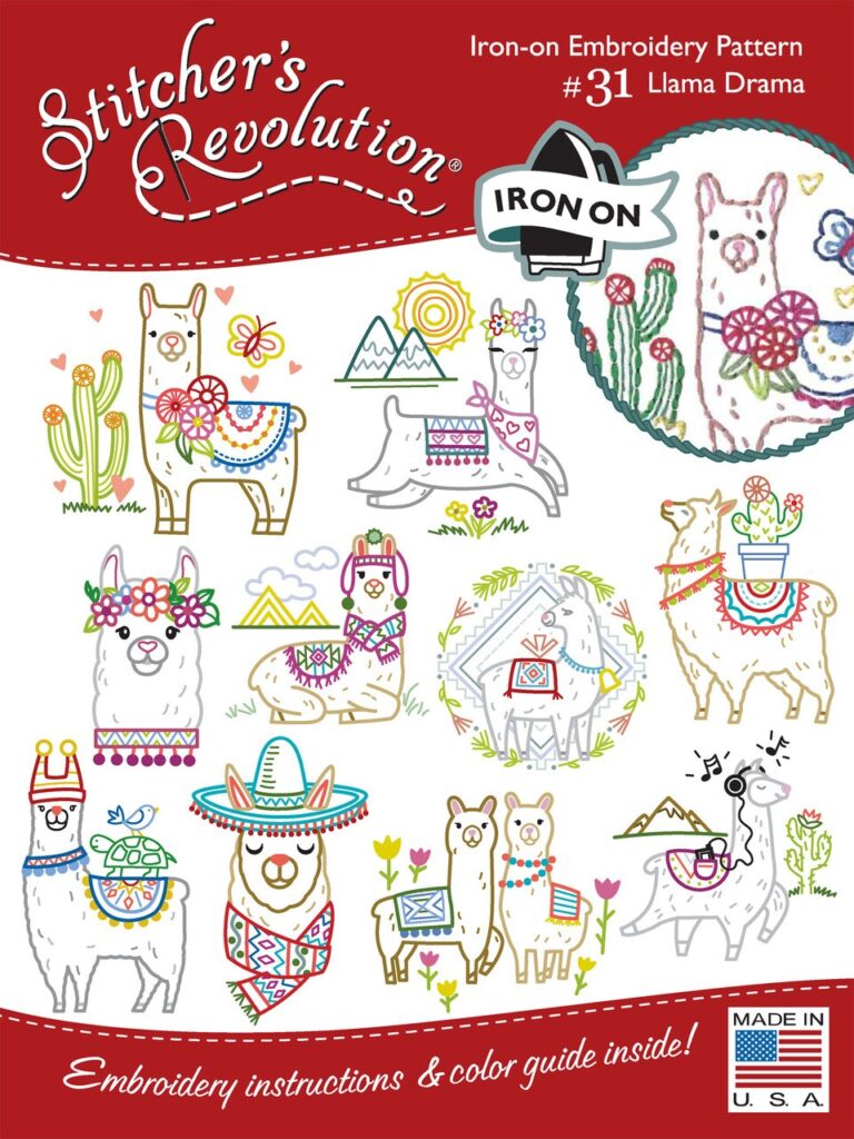 Stitcher's Revolution Llama Drama SR31 embroidery iron on pattern