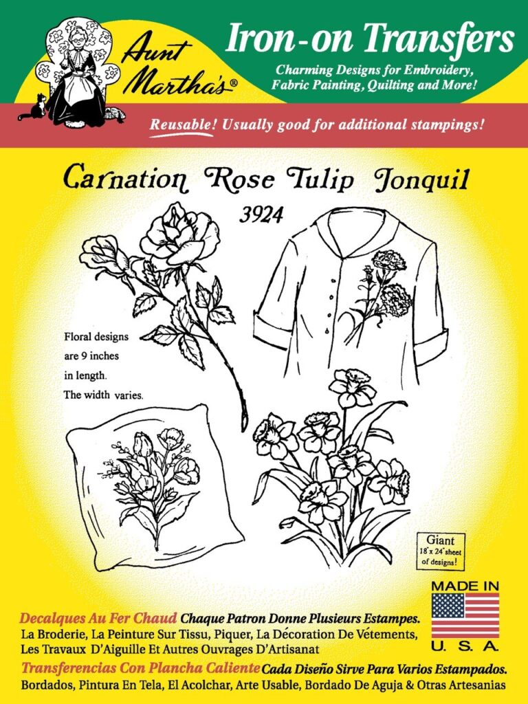 Aunt Martha's Large Carnation, Rose, Tulip, & Jonquil 3924 embroidery iron on pattern
