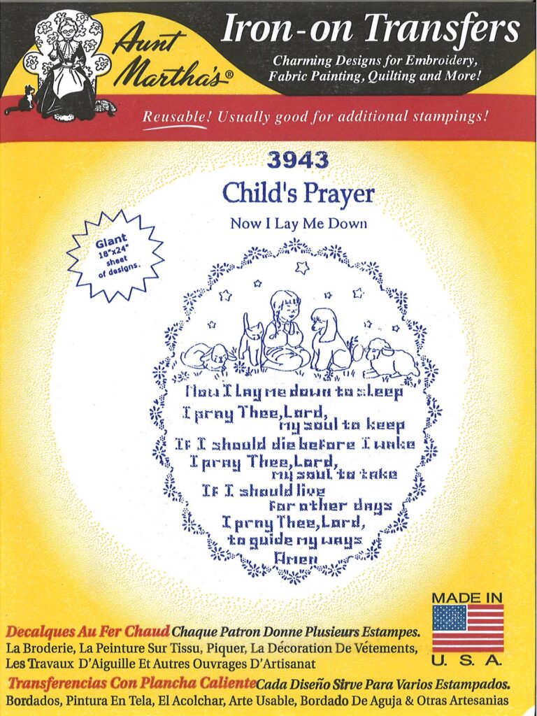 Aunt Martha's Child's Prayer 3943 embroidery iron on pattern