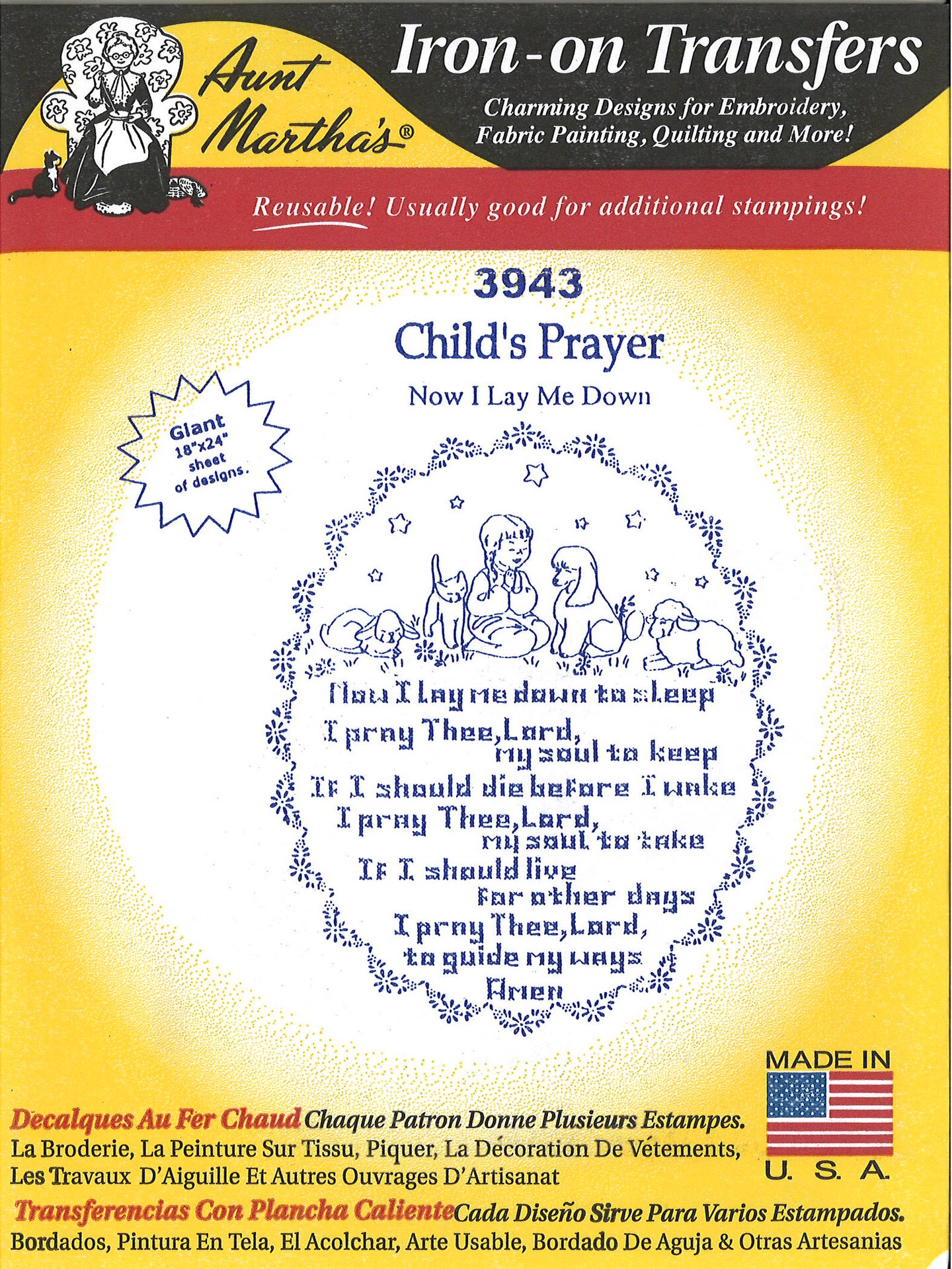 Aunt Martha's Child's Prayer 3943 embroidery iron on pattern