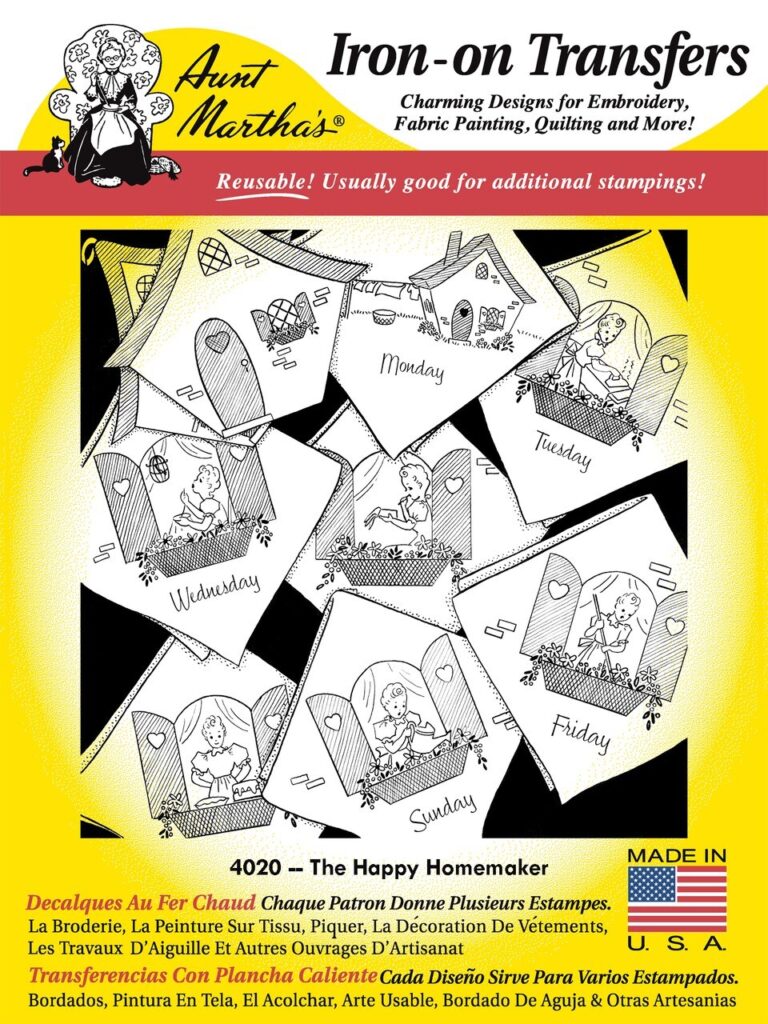 Aunt Martha's Happy Homemaker 4020 days of the week embroidery iron on pattern