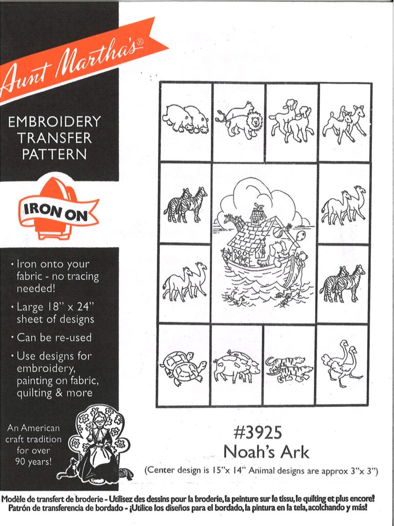 Aunt Martha's Noah's Ark 3925 embroidery iron on pattern