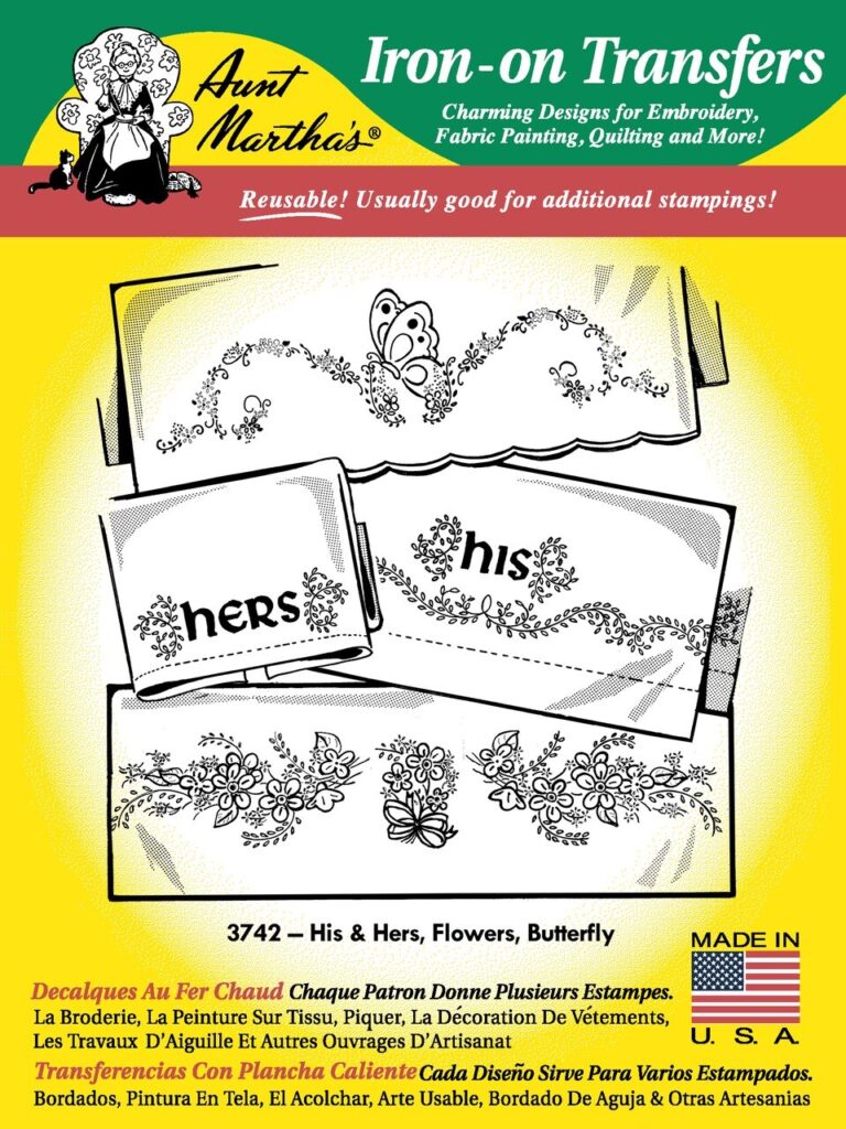 Aunt Martha's His & Hers, Flowers & Butterfly 3742 embroidery iron on pattern