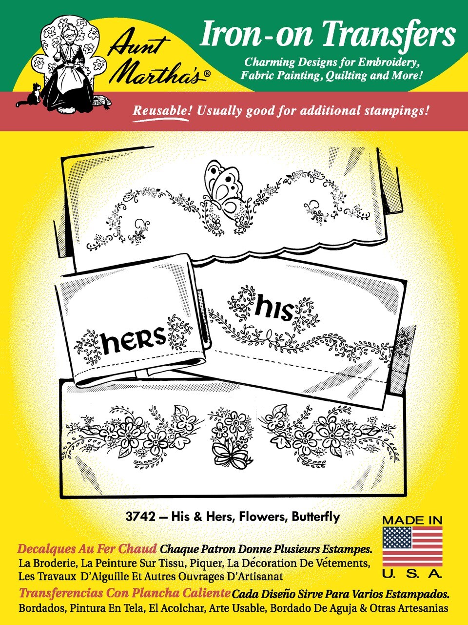 Aunt Martha's His & Hers, Flowers & Butterfly 3742 embroidery iron on pattern